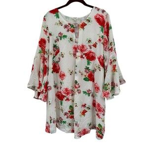 Umgee Mini Dress Large Floral Rose Bell Sleeve BOHO Gypsy Festival Chiffon NEW
